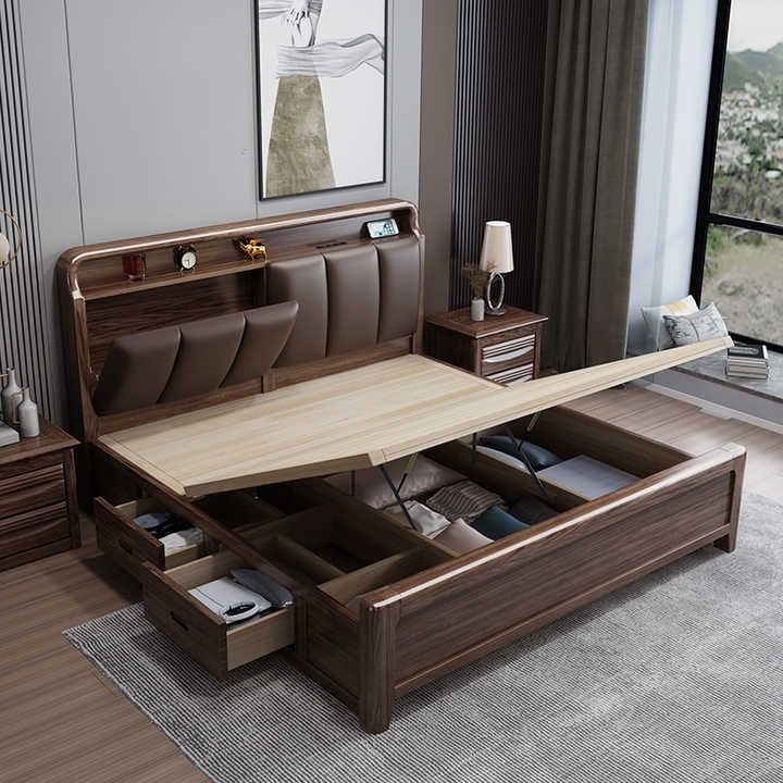Custom Wooden Storage Bed with Drawer & Lift-Up System