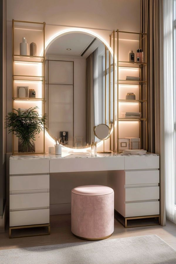 LED Backlit Dressing Table with Round Mirror & Storage Unit